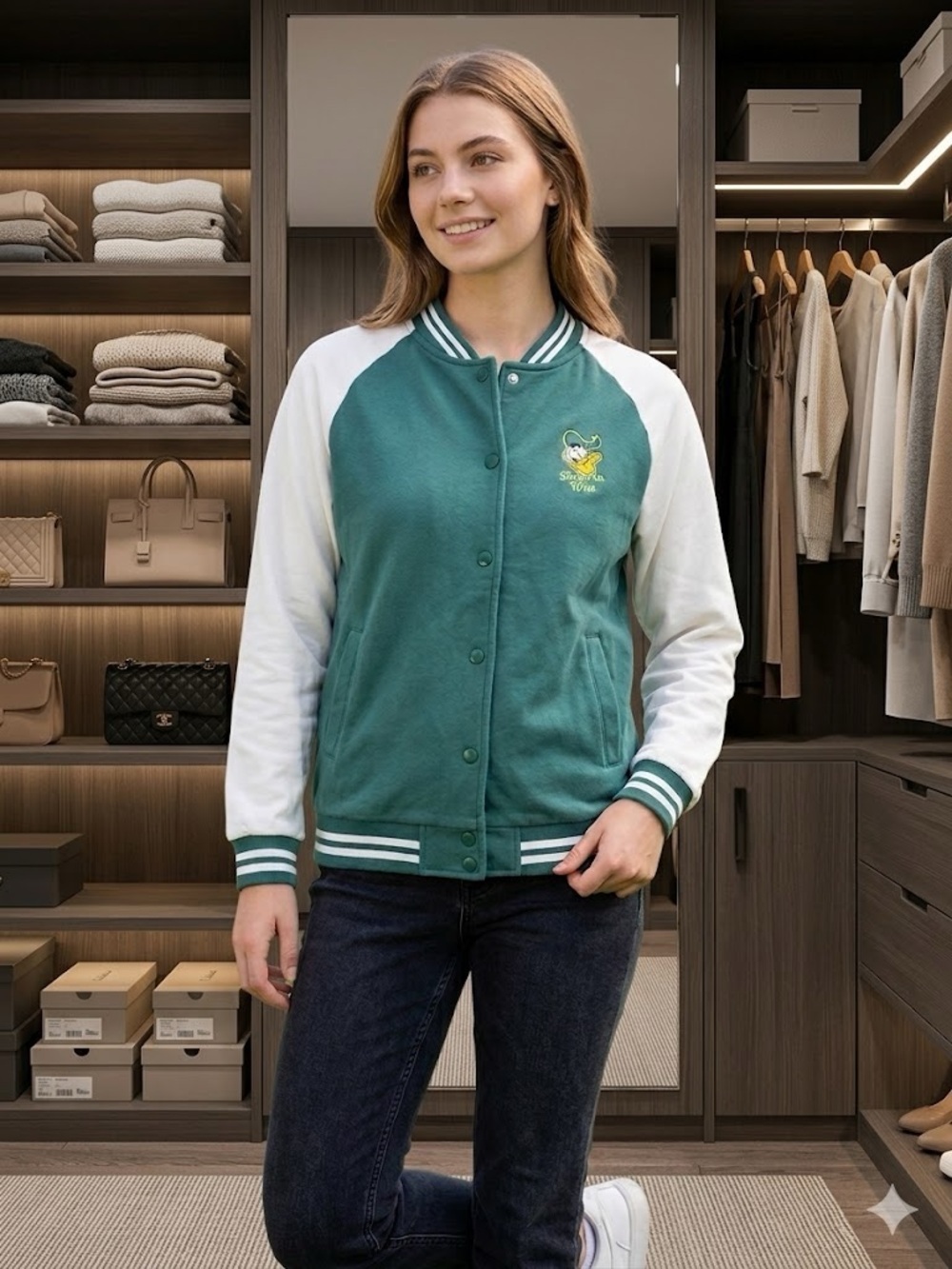 Disney Donald Duck Varsity Jacket Women’s Small Green Snap Button Y2K Jacket